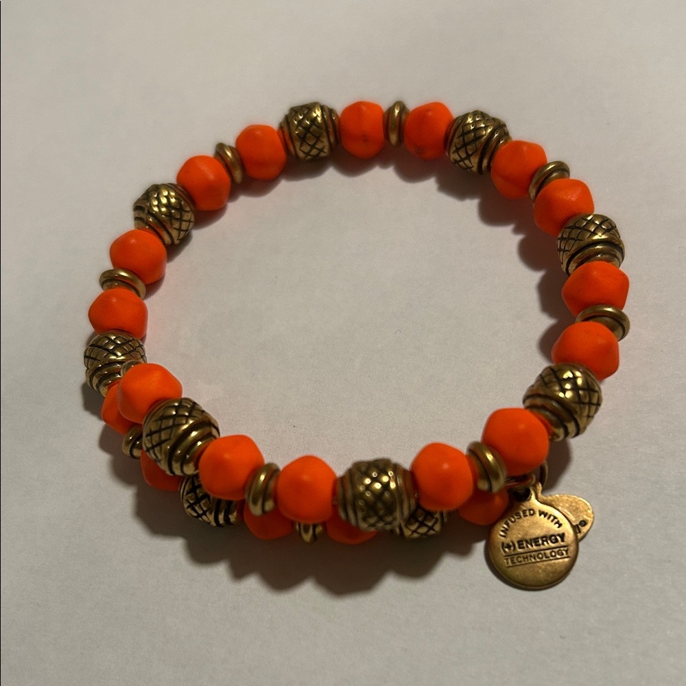 Alex and Ani Vintage 66 Stretchy Orange Beaded Bracelet with Gold Accents